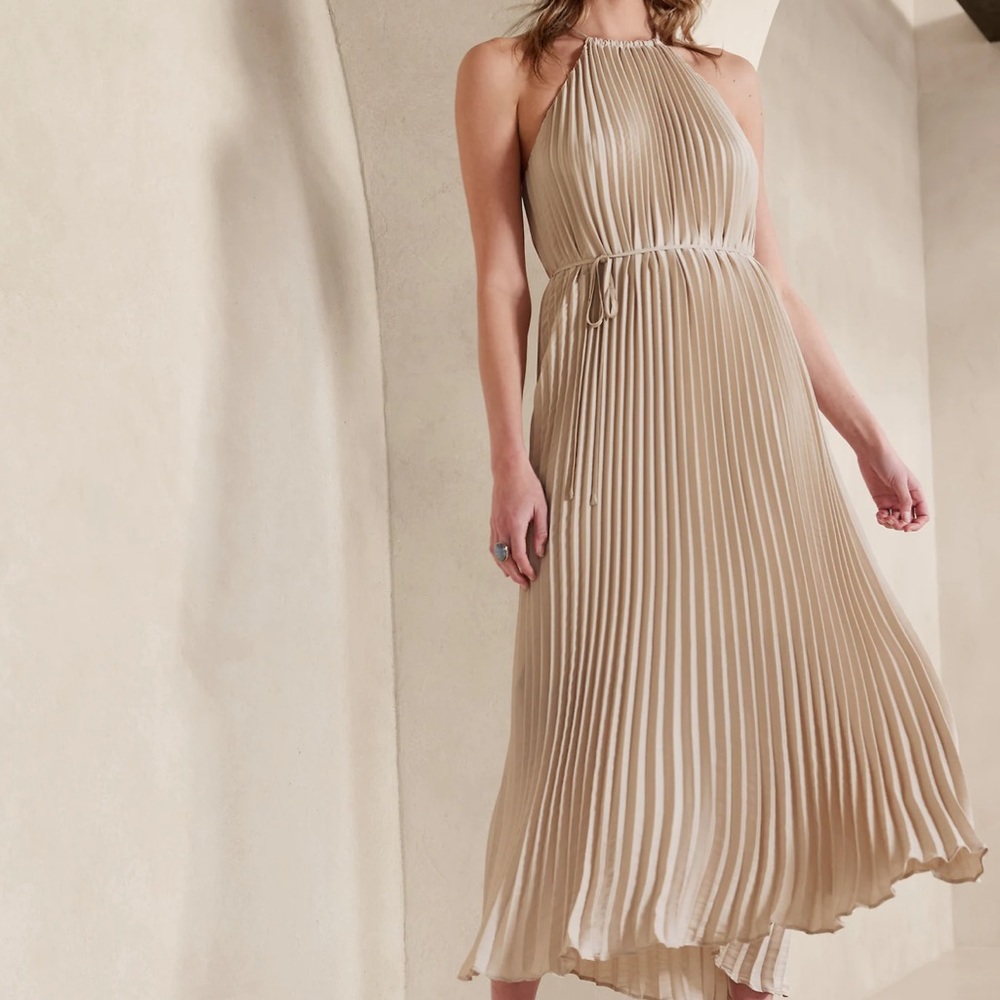 Halter Pleated Maxi Dress, XS, color: Oyster Pearl, NWT, never worn